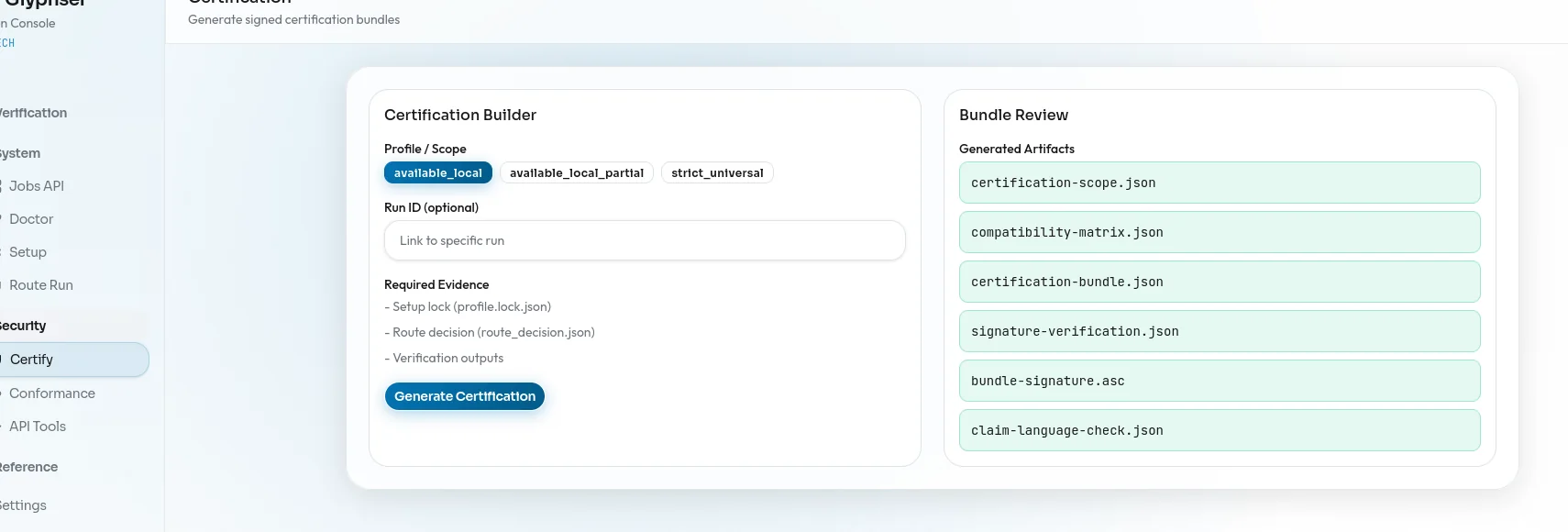 Glyphser Certification Builder showing evidence bundles and certificate configuration