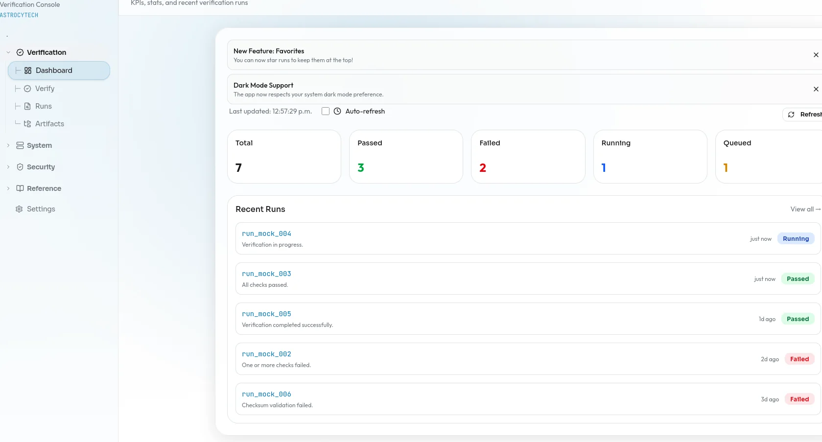 Glyphser dashboard showing verification KPIs and recent runs