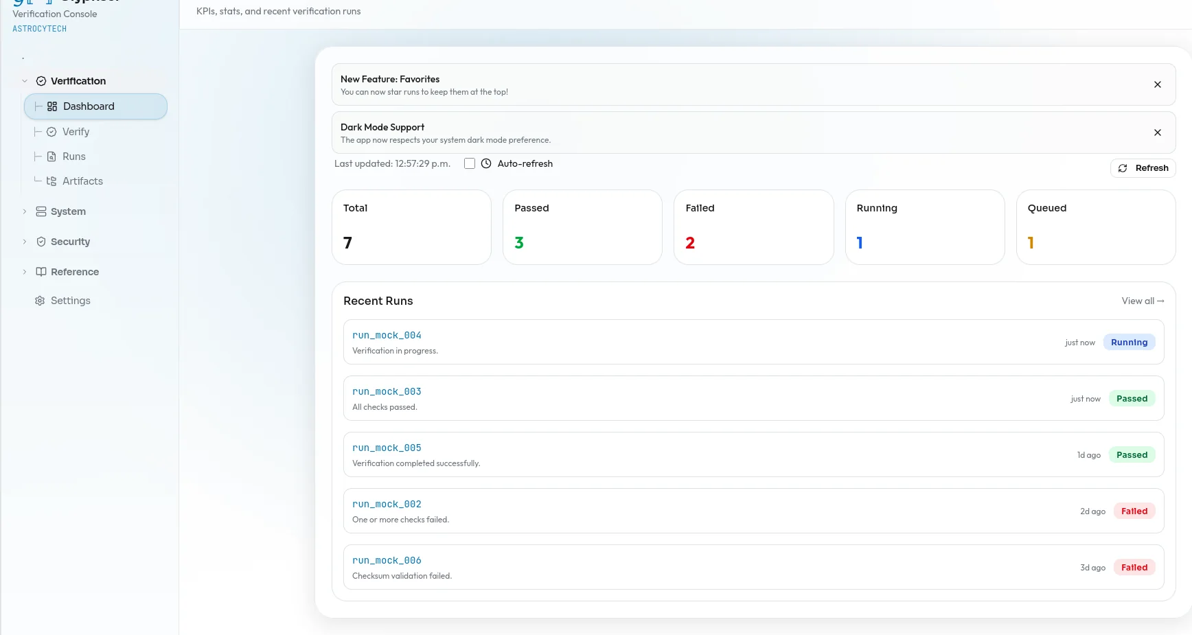Glyphser dashboard showing verification KPIs and recent runs