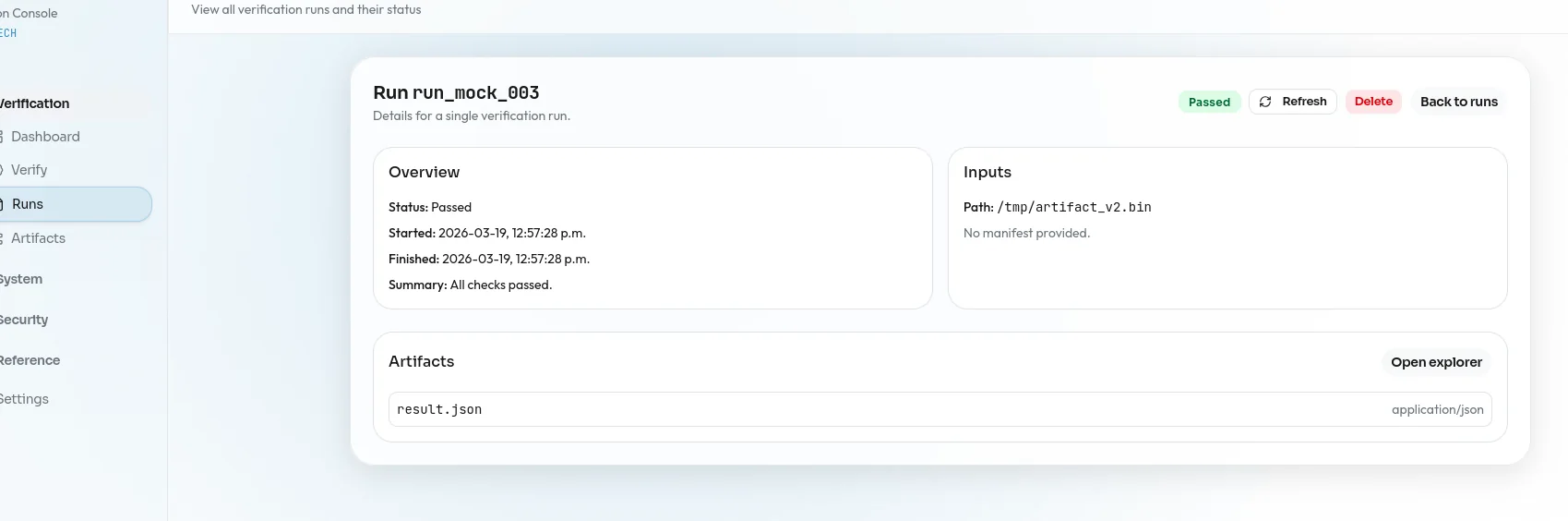 Glyphser run detail view showing artifacts, pass/fail status, and audit-ready evidence