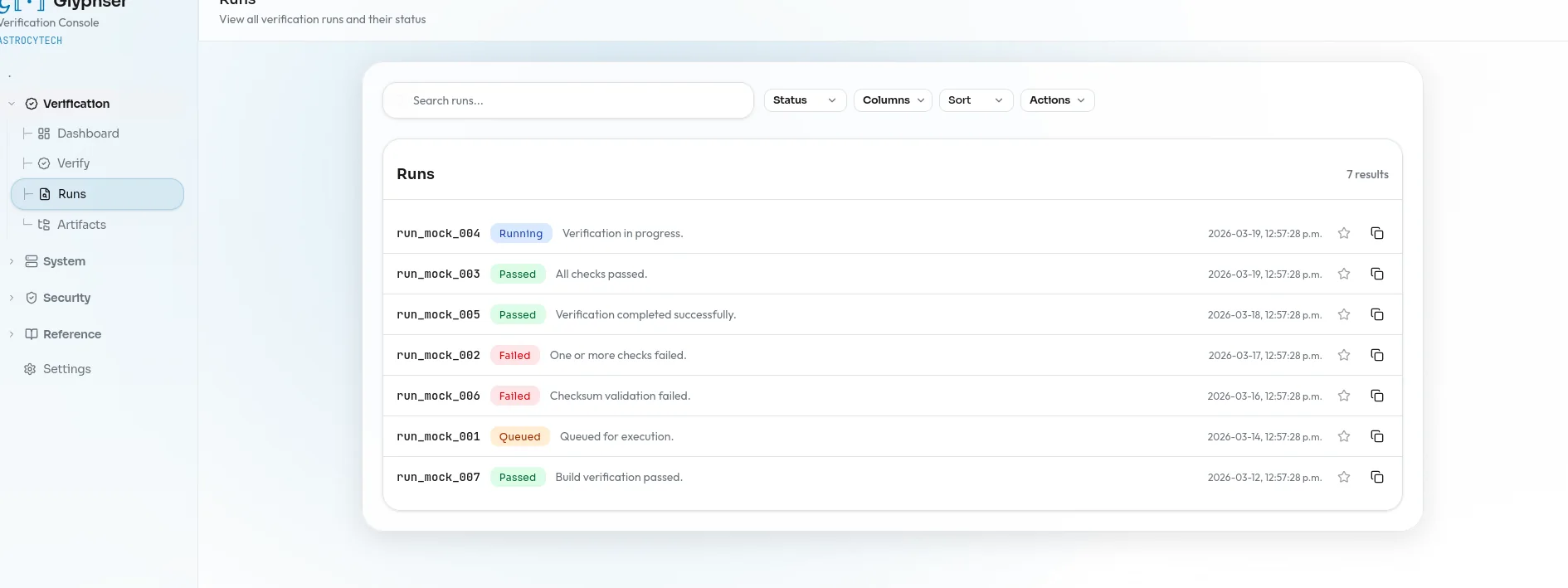 Glyphser runs list showing verification status, timestamps, and run identifiers